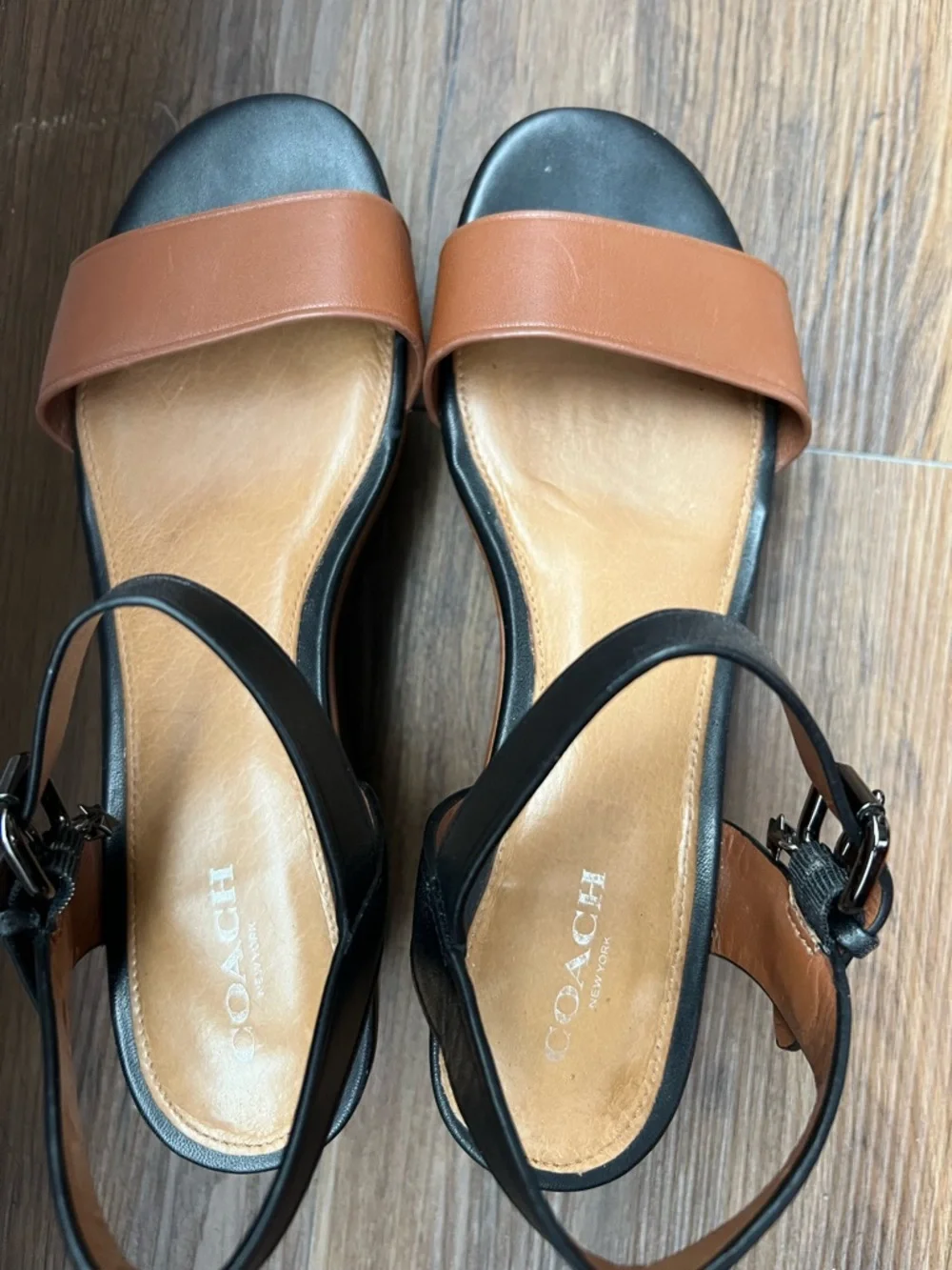 Coach Black & Brown Leather Ankle-Strap Sandals